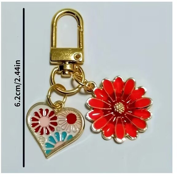 Floral Keyring/Bag Charm - Reddish Pink w/Teal - Picture 3 of 4
